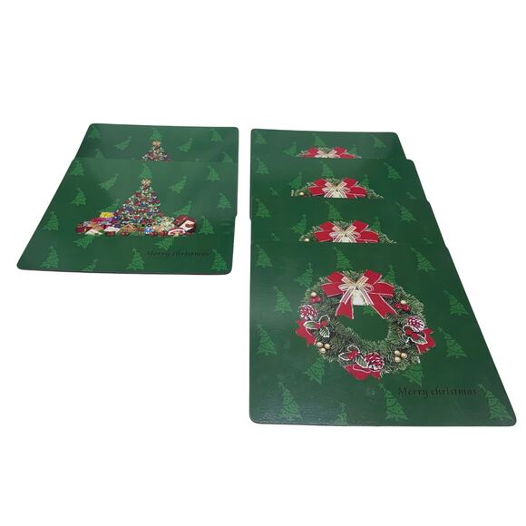 Set of 6 Christmas Tree & Wreath Cork Placemats Holiday Red & Green Dinner Mats - Picture 1 of 11